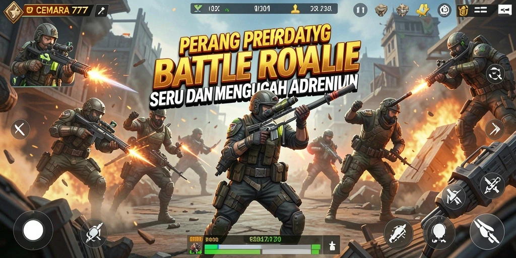 Screenshot utama CEMARA777 menampilkan aksi pertarungan sengit dalam Battle Royale.