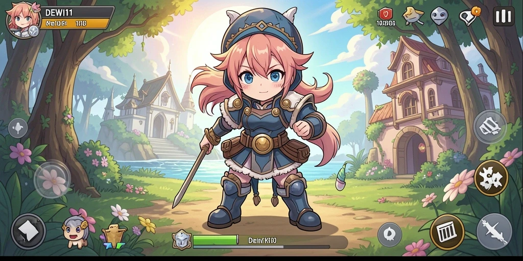 Tampilan gameplay menarik dari DEWI11 dalam dunia anime.
