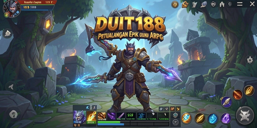 Tangkapan layar gameplay DUIT188 menampilkan pertempuran seru di dunia fantasi.