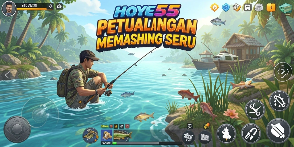 Screenshot gameplay HOYE55 dengan aksi memancing yang seru.